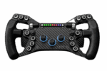 A high-performance racing steering wheel with carbon fibre finish, illuminated buttons, and ergonomic design, ideal for professional motorsport and sim racing enthusiasts.