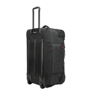 A comfortable, durable black racing trolley bag with extendable handle and multiple compartments, ideal for motorsport enthusiasts and racewear transport.