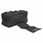 High-quality black racing gear bag with multiple compartments, ideal for motorsport enthusiasts and Grand Prix racers. Durable, spacious, and designed for easy transport of racing equipment and access.