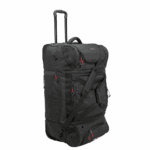 Black racing gear travel bag with wheels and multiple compartments, ideal for motorsport enthusiasts and racewear transport. Durable, spacious, and designed for easy mobility.
