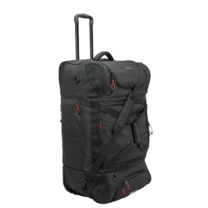 Black racing gear travel bag with wheels and multiple compartments, ideal for motorsport enthusiasts and racewear transport. Durable, spacious, and designed for easy mobility.