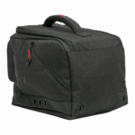 Fly Racing gear bag for motorcycle racing, durable black design with red accents, multiple compartments, and sturdy handle, ideal for storing racing equipment and accessories.