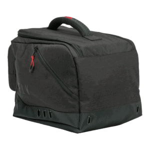 Fly Racing gear bag for motorcycle racing, durable black design with red accents, multiple compartments, and sturdy handle, ideal for storing racing equipment and accessories.