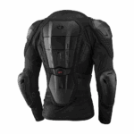 Protective motorcycle body armour with impact protection, black and grey design, suitable for racing and riding safety.