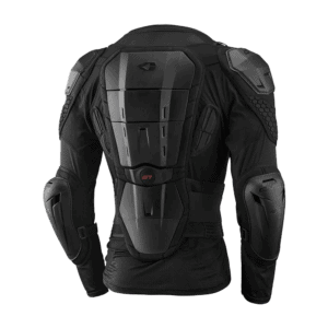 Protective motorcycle body armour with impact protection, black and grey design, suitable for racing and riding safety.