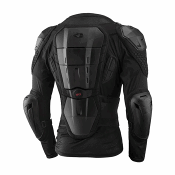 Protective motorcycle body armour with impact protection, black and grey design, suitable for racing and riding safety.