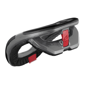 Protective racing helmet with black and grey design, featuring red accents, designed for motorsport safety and performance. Ideal for professional and amateur racers.