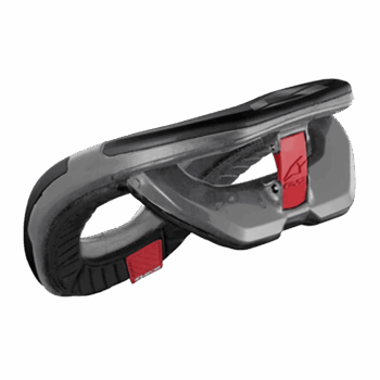 Protective racing helmet with black and grey design, featuring red accents, designed for motorsport safety and performance. Ideal for professional and amateur racers.