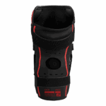 Protective knee brace with adjustable straps, designed for motorsport athletes, featuring breathable material and impact protection for racing safety.