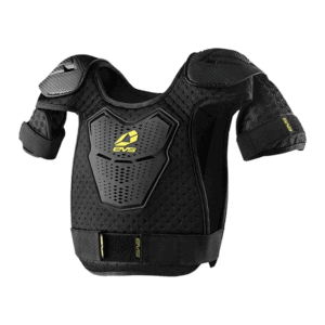 Protective motorcycle chest and shoulder armour with EVS branding, designed for safety and comfort in racing and riding. Suitable for motorsport enthusiasts and professional racers.