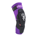 Protective motocross knee pad with purple and black design, featuring adjustable straps and impact-resistant padding for racing and off-road riding.