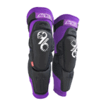 Protective motocross knee guards with purple and black design, featuring adjustable straps and impact-resistant padding for enhanced safety during off-road riding.
