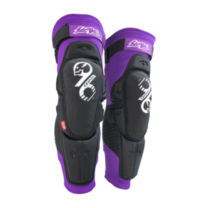 Protective motocross knee guards with purple and black design, featuring adjustable straps and impact-resistant padding for enhanced safety during off-road riding.