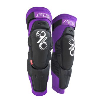 Protective motocross knee guards with purple and black design, featuring adjustable straps and impact-resistant padding for enhanced safety during off-road riding.