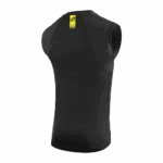 High-performance black racing vest with yellow logo, designed for motorsport safety and comfort, ideal for racewear enthusiasts and professional drivers.