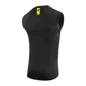 High-performance black racing vest with yellow logo, designed for motorsport safety and comfort, ideal for racewear enthusiasts and professional drivers.
