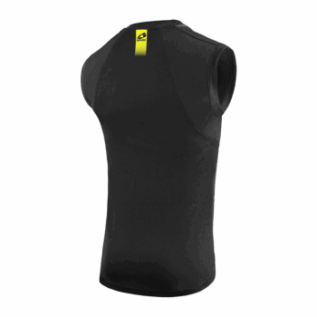 High-performance black racing vest with yellow logo, designed for motorsport safety and comfort, ideal for racewear enthusiasts and professional drivers.