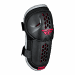 Protective motocross knee pad with ventilation holes, black and red design, and adjustable straps for a secure fit, ideal for off-road racing and extreme sports.