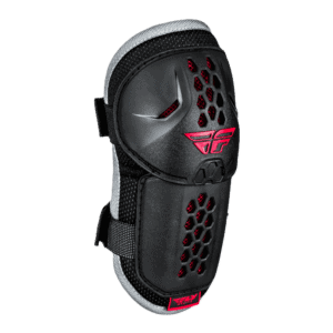 Protective motocross knee pad with ventilation holes, black and red design, and adjustable straps for a secure fit, ideal for off-road racing and extreme sports.