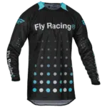 Fly Racing Evo 2024 DST Jersey in black with electric blue accents, featuring branding and a dotted pattern, designed for motocross racing.