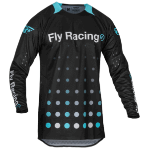 Fly Racing Evo 2024 DST Jersey in black with electric blue accents, featuring branding and a dotted pattern, designed for motocross racing.
