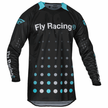 Fly Racing Evo 2024 DST Jersey in black with electric blue accents, featuring branding and a dotted pattern, designed for motocross racing.