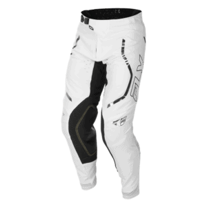 Fly Racing Evolution 2026 DST LE Flash motocross trousers with black and white design and protective padding.