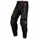 Fly Racing F-16 2024 Junior motocross pants in black with red and yellow graphics, designed for young riders' off-road racing.