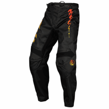 Fly Racing F-16 2024 Junior motocross pants in black with red and yellow graphics, designed for young riders' off-road racing.
