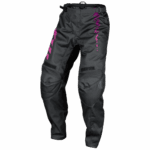 Fly Racing F-16 2024 Junior motocross pants in black with purple branding and protective knee padding.