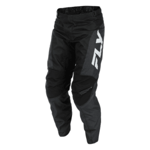 Fly Racing F-16 2026 motocross bottoms in black with white logo and reinforced knee panels for durability.