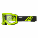 Fly Racing Focus motocross goggles in black and neon yellow with clear lenses, designed for off-road riding and racing.