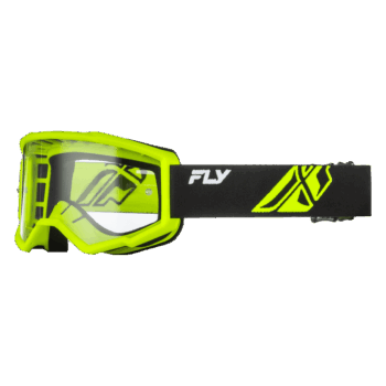Fly Racing Focus motocross goggles in black and neon yellow with clear lenses, designed for off-road riding and racing.