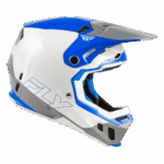 Fly Racing Formula CC Glide Helmet in white, blue, and grey with aerodynamic design and ventilation features.