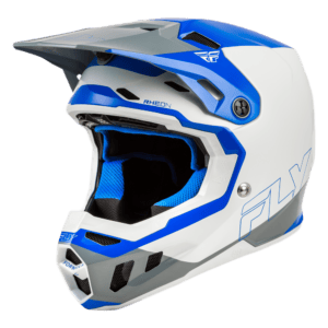 Fly Racing Formula CC Glide Helmet in blue, light grey, and grey with aerodynamic design and ventilation for motocross riders.