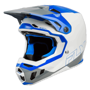 Fly Racing Formula CC Glide Helmet in blue, light grey, and grey with aerodynamic design and ventilation for motocross riders.