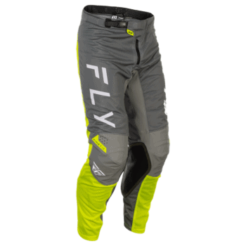 Fly Racing Kinetic 2025 mesh trousers in grey, white, and hi-vis yellow for motocross riding.