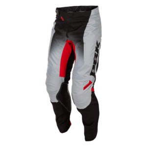 Fly Racing Kinetic 2026 DBK Trousers designed for motocross, featuring black, grey, red accents, and durable protective materials.