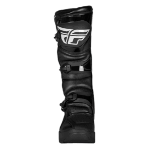 Fly Racing Maverik LT Enduro Boots in black with white logo, designed for off-road motorcycling, featuring multiple adjustable straps for a secure fit.