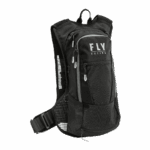 High-quality black racing backpack with multiple compartments, ideal for motorsport enthusiasts and racewear storage. Durable design with FLY Racing branding, perfect for Grand Prix racewear gear.