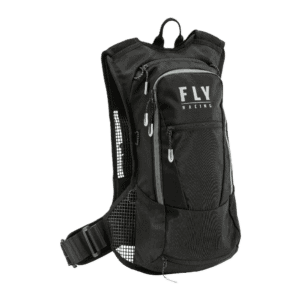 High-quality black racing backpack with multiple compartments, ideal for motorsport enthusiasts and racewear storage. Durable design with FLY Racing branding, perfect for Grand Prix racewear gear.