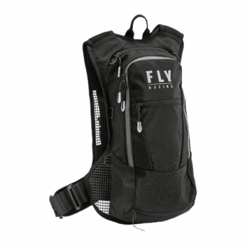 High-quality black racing backpack with multiple compartments, ideal for motorsport enthusiasts and racewear storage. Durable design with FLY Racing branding, perfect for Grand Prix racewear gear.