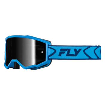Fly Racing Zone goggles in blue, navy, black mirror, and smoke lens for motocross and off-road riding.