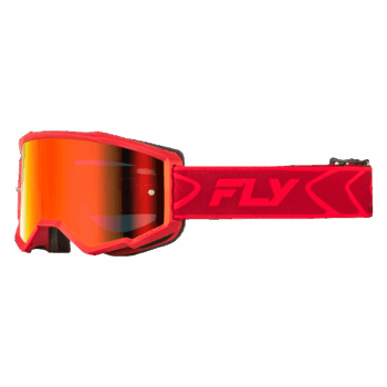 Fly Racing Zone goggles in red with crimson accents, featuring a smoke mirror lens for motocross riding.