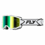 Fly Racing Zone goggles with white frame, black strap, and iridescent green mirror lens for motocross.
