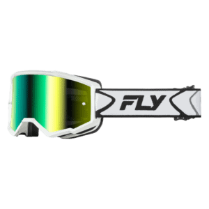 Fly Racing Zone goggles with white frame, black strap, and iridescent green mirror lens for motocross.