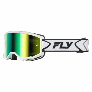 Fly Racing Zone goggles with white frame, black strap, and iridescent green mirror lens for motocross.