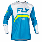 Fly Racing Rayce Jersey in blue, white, and lime green with logo details, designed for motocross riders.