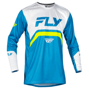 Fly Racing Rayce Jersey in blue, white, and lime green with logo details, designed for motocross riders.