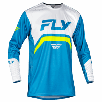Fly Racing Rayce Jersey in blue, white, and lime green with logo details, designed for motocross riders.